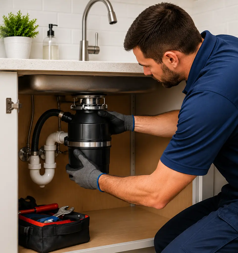 Garbage disposal repair technician installing kitchen disposal in Columbus Ohio